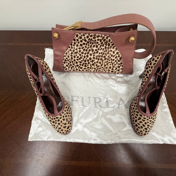 Furla Leopard Print Mauve Pumps & Matching Purse - Picture 1 of 9